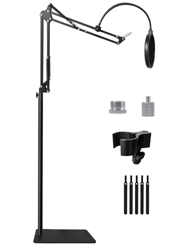 Mic Stand Floor Boom Arm with 6.6lbs Weighted Base for Blue Yeti, Nano, Snowball, HyperX QuadCast, SM7B MV7, Fifine K688 and More Mic, Floor Microphone Stand with 3/8" to 5/8" 1/4" Screw, Pop Filter