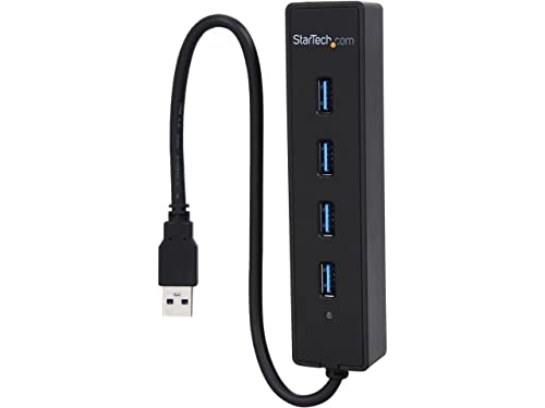 StarTech 4-Port USB 3.0 Hub 5Gbps with Built-in Cable (ST4300PBU3) | SuperSpeed laptop hub, Portable splitter, Mini-USB hub, Built-in cable, Flexible desk placement, Backward compatible - color: Black, style: 4 x SuperSpeed USB-A with Built in Cable