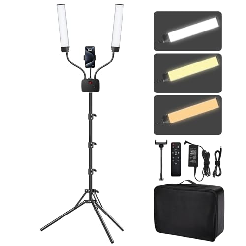Selfie Light with 75'' Tripod Stand, Dimmable 3 Color LED Dual Arms Ring Light with Phone Holder & Carry Bag for Lash Tattoo Video Photography 45W 95CRI Tripod Floor Lamp