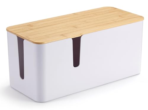 ZhiYo Cable Management Box, Power Strip Organizer, Large, 1 Pack, White | Fits Power Strips Up to 12.5" Long, Natural Bamboo Lid, Extra-Tall Design for Oversized Adapters, Ideal for Desks, TV Areas - color: White, size: Large