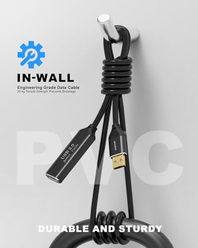 Active USB 2.0 Extension Cable 50FT(15M)with Built-in Signal Booster, 480Mbps High Speed Data Transfer Male to Female Repeater Cord, in-Wall-Long USB Extender for VR/Printer/Hard Drive/Xbox/PC - size: 50 ft (15m)