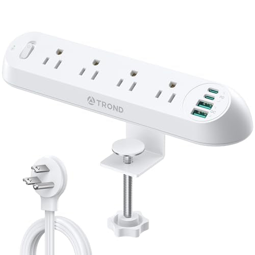 TROND Desk Clamp Power Strip 20W USB C, Flat Plug 10ft Extension Cord, Surge Protector with 4 Outlets 4 USB Ports, 1700J, ETL Listed, Fits 1.97 inch Tabletop Edge, for Home Office Accessories, White - color: White, size: 10FT (4 Outlets & 4 USB Ports)