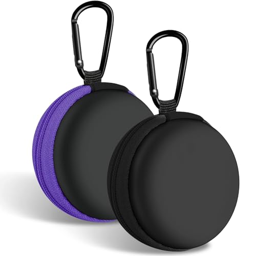 2Pack Round Earbud Case Portable EVA Carrying Case Storage Bag Cell Phone Accessories Organizer with Carabiner for Earphone, Earbud, Earpieces, SD Memory Card, Camera Chips, Black/Purple - color: A7-Round Black+Purple