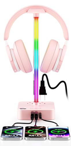 cozoo Gifts for Teen Girls Cute Pink RGB Headphone Stand & Charging Station, 3 USB 2 AC Outlets - Stylish Gaming Headset Holder, Desk & Game Room Decor, Christmas Gifts for Girlfriend, Women, Gamers - color: Pink - RGB