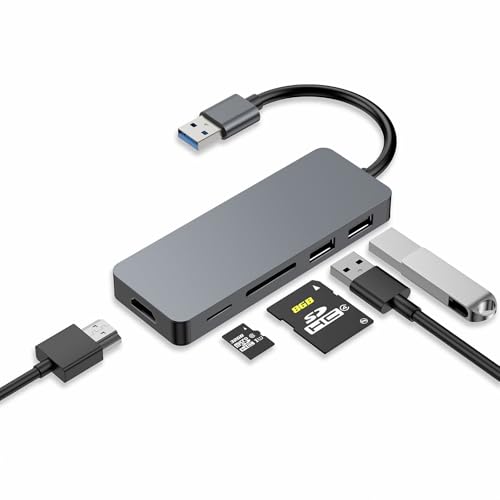 USB 3.0 A-Hub, 5-in-1 Multiport Adapter with HDMI, 2X USB2.0, SD/TF Card Reader, Docking Station for Laptop, Monitor, Desktop & TV, Compatible with Windows/Mac OS - size: 9859 Gray