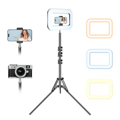 3600mAh Rechargeable Ring Light with Stand for Video Recording, Dimmable Lighting Tripod for iPhone, Square Light with Phone Holder for Content Creators, Selfie, Makeup, Live Streaming, TikTok