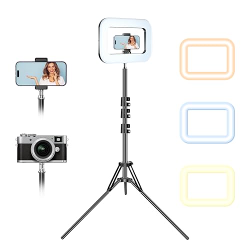 3600mAh Rechargeable Ring Light with Stand for Video Recording, Dimmable Lighting Tripod for iPhone, Square Light with Phone Holder for Content Creators, Selfie, Makeup, Live Streaming, TikTok