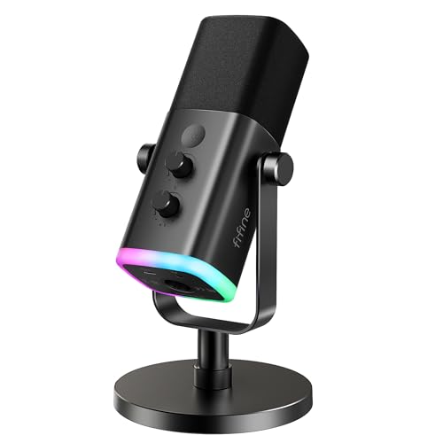 FIFINE USB/XLR Dynamic Microphone for Podcast Recording, PC Computer Gaming Streaming Mic with RGB Light, Mute Button, Headphones Jack, Desktop Stand, Vocal Mic for Singing YouTube-AmpliGame AM8 - color: Black