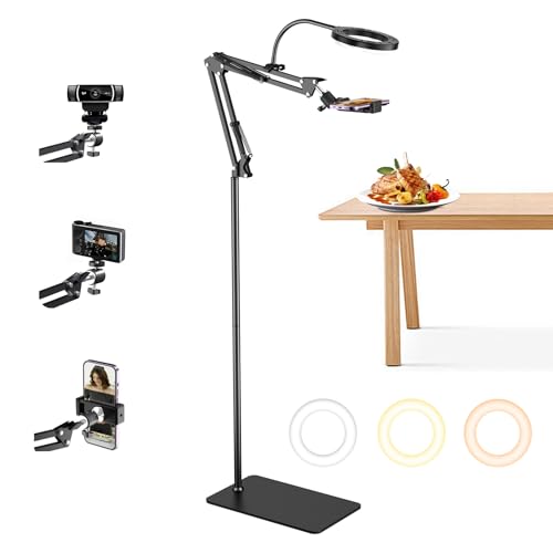 Floor Overhead Phone Mount with Ring Light for Filming, TikTok, Live Stream, LED Selfie Light Phone Tripod Stand for Content Creators, Compatible with iPhone & Android, Hand-Free for Recording
