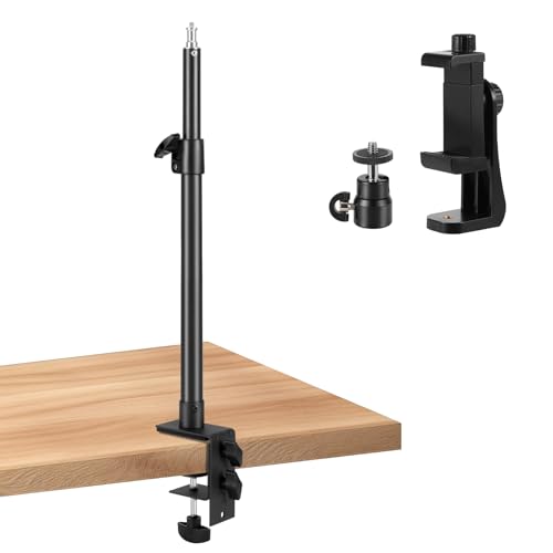Camera Desk Mount Stand with 1/4" Ball Head and Phone Holder Clip, Desktop Light Stand, 14"-23.6" Adjustable Light Stand, for DSLR Camera,Ring Light,Webcam,Phone