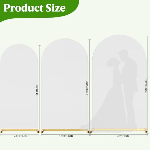 Arch Backdrop Stand with Cover Set, 7.2FT,6.6FT,6FT Gold Metal Wedding Arch for Ceremony, Heavy Duty Balloon Arch Stand with White Spandex Cover for Birthday Party, Baby Shower, Graduation - size: 3-Piece Set
