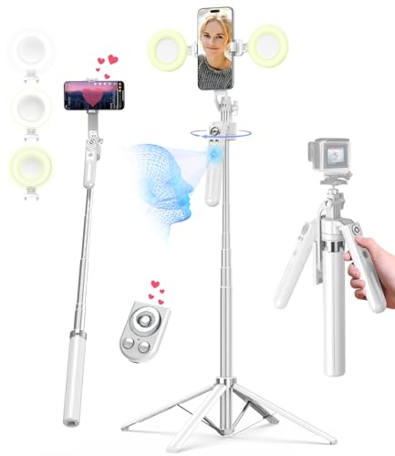 Yeaki 71” Auto Face Tracking Tripod for iPhone with Light,360° Rotating Phone Stand with Rechargeable Remote Control for TikTok Vlog, Phone Tripod for Android Camera/GoPro/Ring Light (White) - color: White