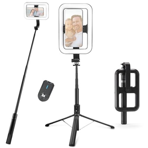 NEEWER Basics 10W Selfie Light with Tripod Stand, 1200mAh LED Square Ring Lighting, 72" Selfie Stick Phone Holder Compatible with iPhone, CRI90 3 Modes Remote for Travel Vlog Video Recording, NL100B