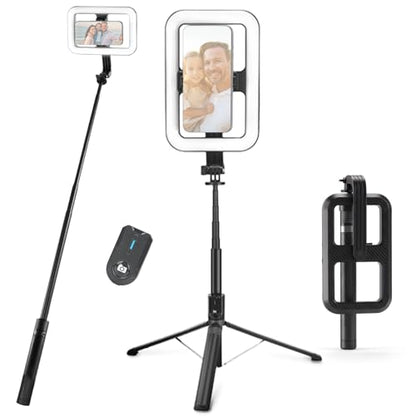 NEEWER Basics 10W Selfie Light with Tripod Stand, 1200mAh LED Square Ring Lighting, 72" Selfie Stick Phone Holder Compatible with iPhone, CRI90 3 Modes Remote for Travel Vlog Video Recording, NL100B