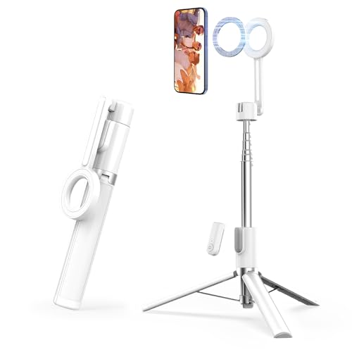 SEAJIC Magnetic Phone Tripod for iPhone 54" Selfie Stick Tripod with Remote and Metal Ring, Phone for Video Recording, Cell Phone Mount Stand for Cellphone (White, 54in) - color: White, size: 54in