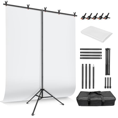 White Backdrop with Stand for Photoshoot, 5X6.5ft White Photo Backdrop with T Shape Background Backdrop Stand for Photography, Portable Photo Backdrop Curtain Stand Kit w Carrying Bag 5 Spring Clamps - color: White, size: 5 x 6.5 Ft