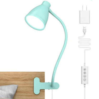 BOHON Desk Lamp with Clamp, Clip on Light, 5 Color 10 Brightness, Teal | 10W 38 LED Flexible Gooseneck Clip Lamp, Auto Off Timer, Desk Lights for Office Home Bed Bedside Reading, Adapter Include - color: Teal