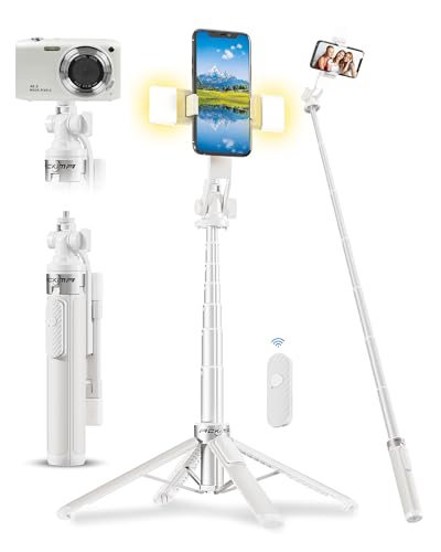 53'' Selfie Stick Tripod with Light, Enhanced 4-Leg Cell Phone Stand Camera Tripod with Rechargeable Wireless Remote & 2 Fill Light, Portable Selfie Stick Travel Essentials for iPhone Android - color: White A