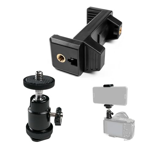 Hot Shoe Phone Mount for Camera, Ball Head Adapter with Phone Clamp - 360° Rotatable Smartphone Holder for DSLR/Mirrorless/Action Cam Live Streaming
