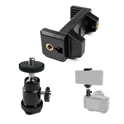 Hot Shoe Phone Mount for Camera, Ball Head Adapter with Phone Clamp - 360° Rotatable Smartphone Holder for DSLR/Mirrorless/Action Cam Live Streaming