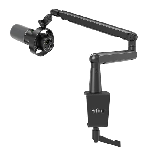 FIFINE Dynamic Microphone and Low Profile Arm Stand Set, XLR/USB Podcast Recording PC Mic for Vocal Streaming Bundle with Metal Boom Arm, Mute Button, Headphones Jack for Gaming Studio (K688+BM88)