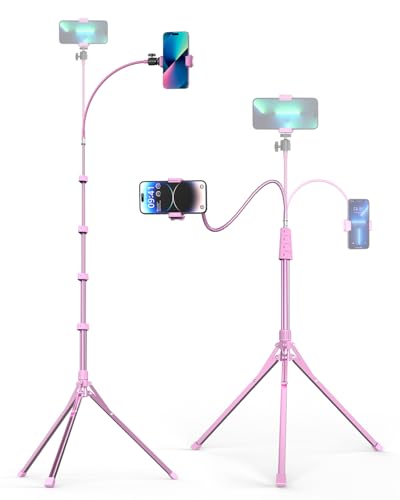 Aureday Phone Tripod, 92" Cell Phone Stand with 15" Gooseneck, Remote and Phone Holder, Overhead & Selfie Stick for Recording/Watching/Vlog, Compatible with iPhone Android, Pink - color: Pink, size: 92in