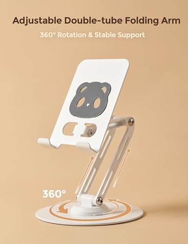 All-Metal Desk Phone Stand, 360° Rotating, 4-8" Phones & Tablets | Carbon steel base, dual-pole adjustment, panda face anti-slip pads, hex key, scratch-proof, heat-dissipating, case-friendly - color: white