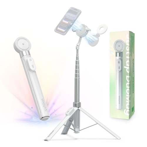 KraftGeek 67" Dual-Sided Magnetic Phone Tripod for iPhone MagSafe, Auto-Open Selfie Stick Tripod with Remote, Hidden Clamp, Portable Cell Phone Tripod Stand for Travel & Content Creation(White) - color: White