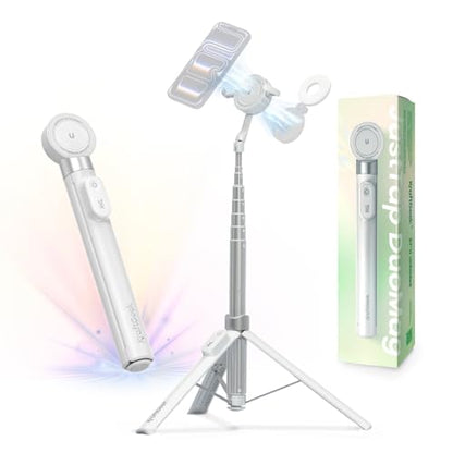 KraftGeek 67" Dual-Sided Magnetic Phone Tripod for iPhone MagSafe, Auto-Open Selfie Stick Tripod with Remote, Hidden Clamp, Portable Cell Phone Tripod Stand for Travel & Content Creation(White) - color: White