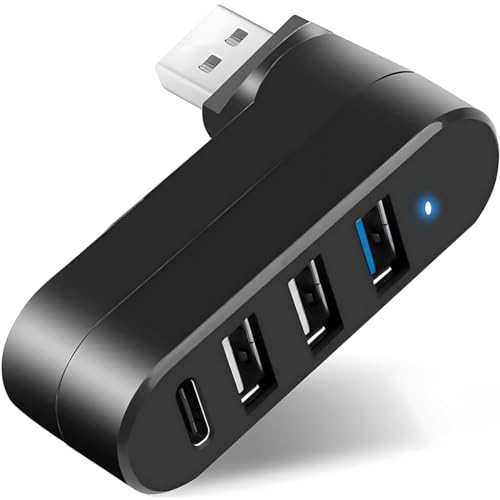4-Port USB 3.0 Hub [90°/180° Rotatable],USB Splitter with 1 USB 3.0 Port,2 USB 2.0 Ports,and 1 USB C Data Port, USB Extender Compatible with Laptops,Cars,Surface go,MacBook Air/Pro,and Other Devices