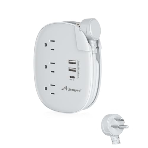 Alitayee USB C Portable Travel Power Strip with 3 Outlets 3 USB Ports Fast Charge, USB Extendable Outlet Extender with Flat Plug and 3ft Wrapped Around Extension Cord for Cruise Travel Home Office - color: 01-Grey, size: 3 USB 15.5W-3FT