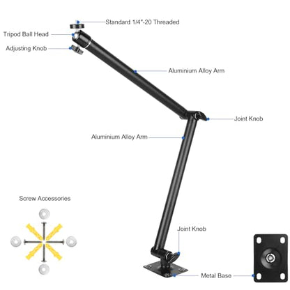 Mippko Articulating Camera Wall Mount with 1/4"-20 Threaded Compatible with DSLR/Security/Webcam/Action/LED Light/CCTV POV Camcorder Cameras,Adjustable Aluminium Alloy Arm Metal Base