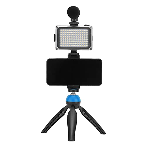 Portable Live Video Kit, Mobile Phone Photography Set with Fill Light Microphone Tripod and Phone Holder for Vlogging Live Streaming (Blue) - color: Blue