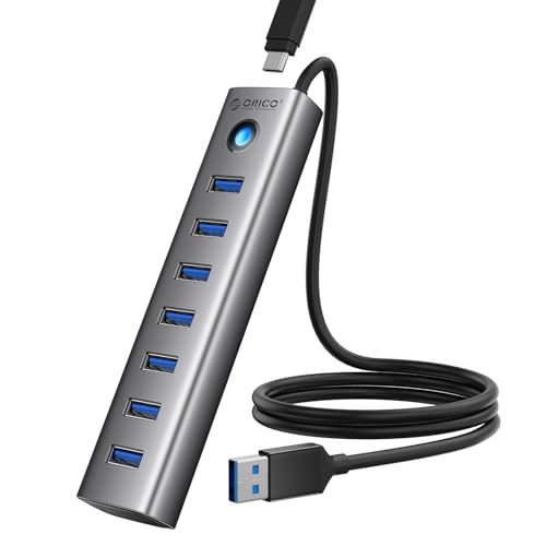ORICO 7-Port USB 3.0 Hub, Aluminum USB Multiple Adapter, 5Gbps USB Extender USB Splitter with 3.28Ft Cable, UBS-A Hub Long Cable for Desktop, PC, Flash Drive, Mobile HDD, Windows/XPS - size: 3.28Ft