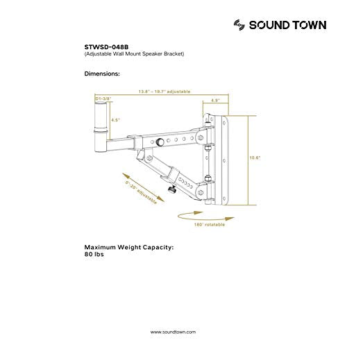 Sound Town 2-Pack Adjustable Wall Mount Speaker Brackets with 180-degree Swivel (STWSD-048B) - size: 2-Pack 35mm Wall Mount, 180° Swivel, 20° Tilt