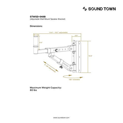 Sound Town 2-Pack Adjustable Wall Mount Speaker Brackets with 180-degree Swivel (STWSD-048B) - size: 2-Pack 35mm Wall Mount, 180° Swivel, 20° Tilt