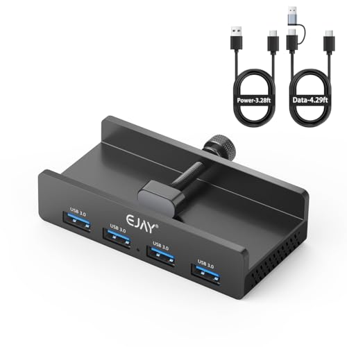 EJAY 4-Port USB 3.0 Hub with Clamp, Aluminum Desk/Monitor Mount Hub for PC, Mac, Linux, 5Gbps High-Speed Data Transfer, Extra Power Port for Stable Connection, 59in Data Cable, Black - color: Black