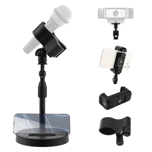 Desk Mic Stand 1/4 inch Thread Adjustable Table Mic Stand Multi-Use Desk Webcam Cell Phone Mount for Camera Ring Light Holder Microphone Clip on Table with Microphone Clip, Cell Phone Clip