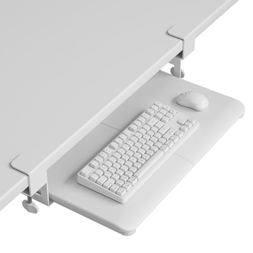 BONTEC KMT01-PJ Under Desk Keyboard Tray, Pull-Out Keyboard & Mouse Platform with C-Clamp, 20 x 11.8 in Space-Saving Ergonomic Slide-Out Drawer, White - color: White, size: 20" x 11.8"