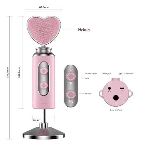 HB128 USB Gaming Condenser Mic Pink Heart Design, One-Click Mute Gain Control, Plug & Play, for PC/Console/Phone, Twitch/YouTube/TikTok, Streamers Gamers and Video Creators - color: HB128 desktop
