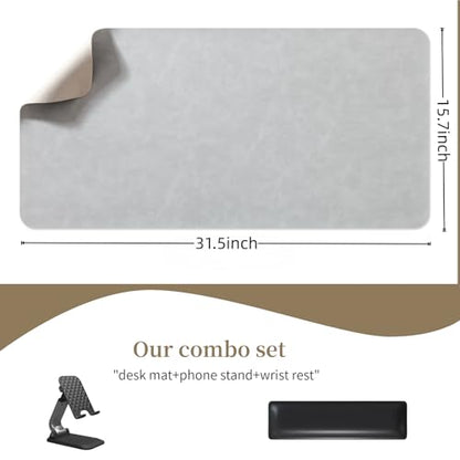 Large Makeup Mat for Vanity, Waterproof PU Leather Vanity Table Protector with Phone Stand & Ergonomic Mouse Wrist Rest, Non-Slip Dresser Top Protector for Makeup Table, Beauty Station (31.5"*15.7") - size: 31.5"*15.7"