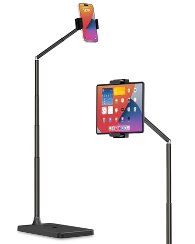 Viozon Tablet Floor Stand, Height & Angle Adjustable Tablet Holder with Aluminum Alloy Arm Tube, 360° Rotation for Bed, Sofa, Desk, Compatible with 3.5-11'' iPad Pro/Air/Mini, iPhone 15/14, Kindle，B - color: Black