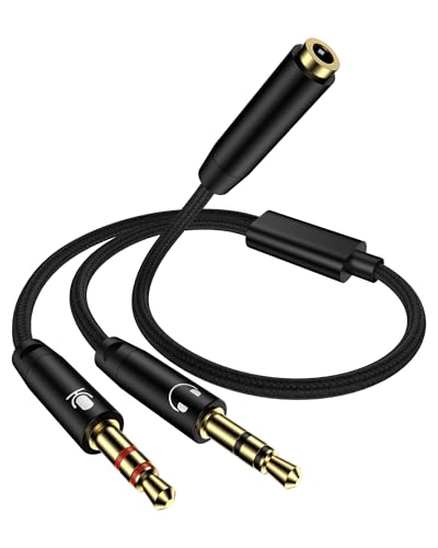 Headphone Mic Splitter for PC, 3.5mm TRRS Female to Dual Male TRS Adapter | 2-in-1 Braided Y Separator Aux Dongle Converters Audio Cable Cord for Headset Microphone Gaming Computer Speaker PC Laptop