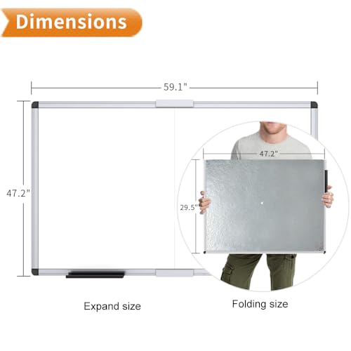 VIZ-PRO Magnetic Dry Erase Board, 60 X 48 Inches, Foldable Wall-Mounted Whiteboard with Silver Aluminum Frame & Marker Tray for School Office and Home 5' X 4' - size: 60 X 48 Inches