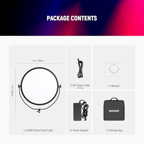 NEEWER 18" RGB LED Round Panel Video Light with APP Control, 65W 6000Lux/0.5m 2500K-8500K RGBCW Photography Studio Lighting /18 Scenes/V Battery Powered for Outdoor Filming Recording Streaming, GR18C