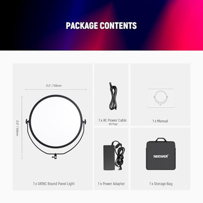 NEEWER 18" RGB LED Round Panel Video Light with APP Control, 65W 6000Lux/0.5m 2500K-8500K RGBCW Photography Studio Lighting /18 Scenes/V Battery Powered for Outdoor Filming Recording Streaming, GR18C