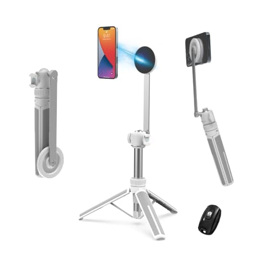 PHOPIK 35" Magnetic Selfie Stick Phone Tripod, Extendable Phone Tripod with Cold Shoe and Remote,Compatible with iPhone/Android/Sport Camera Perfect for Video Recording/Selfies/Insta360 x5（White） - size: SS21-W