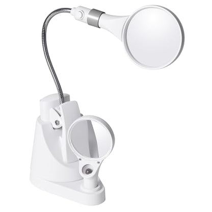 OttLite LED Clip and Freestanding Magnifier Lamp, White | 3x and 6x Interchangeable Magnifiers | Adjustable Gooseneck 2.75"-16.625" | Battery-Powered