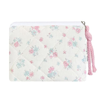 Cotton Quilted Floral Coin Purse Digital Camera Pouch with Cute Prints Zipper for Women Girls (BLUE PINK) - color: BLUE PINK