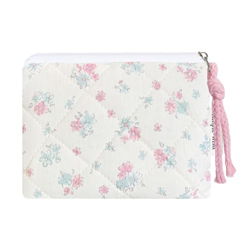 Cotton Quilted Floral Coin Purse Digital Camera Pouch with Cute Prints Zipper for Women Girls (BLUE PINK) - color: BLUE PINK